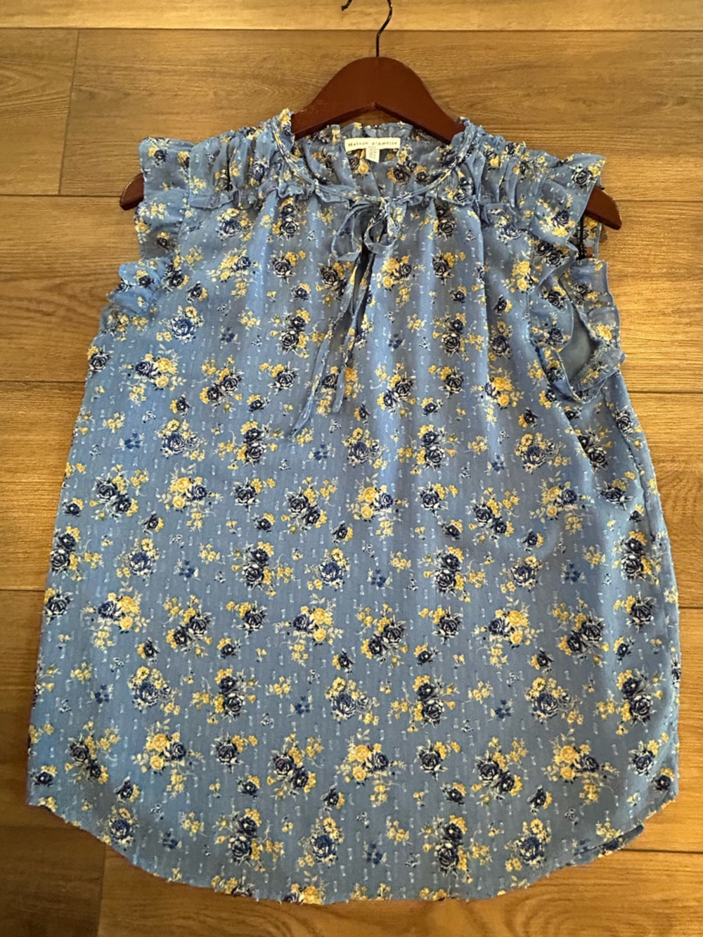 Maison d’Amélie Paris Blue Floral Ruffle Tie Neck Blouse Small